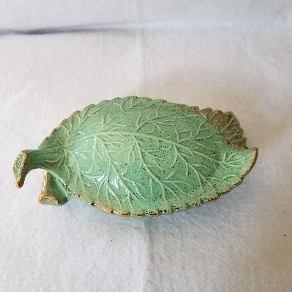 Vintage MCM California Pottery Leaf Trinket Dish Green Handcrafted Ceramic